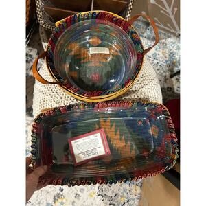 Vintage Longaberger Darning & Bread Basket Woven traditions  Sunset Aztec liners